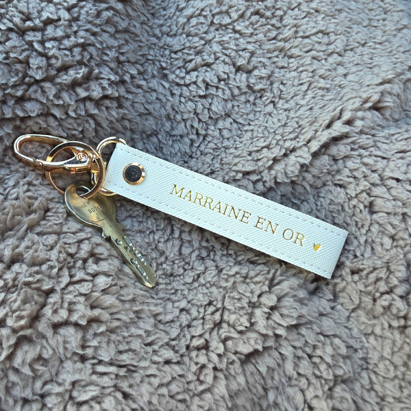 Porte-clés Lanière en simili cuir blanc ivoire – Marraine en or